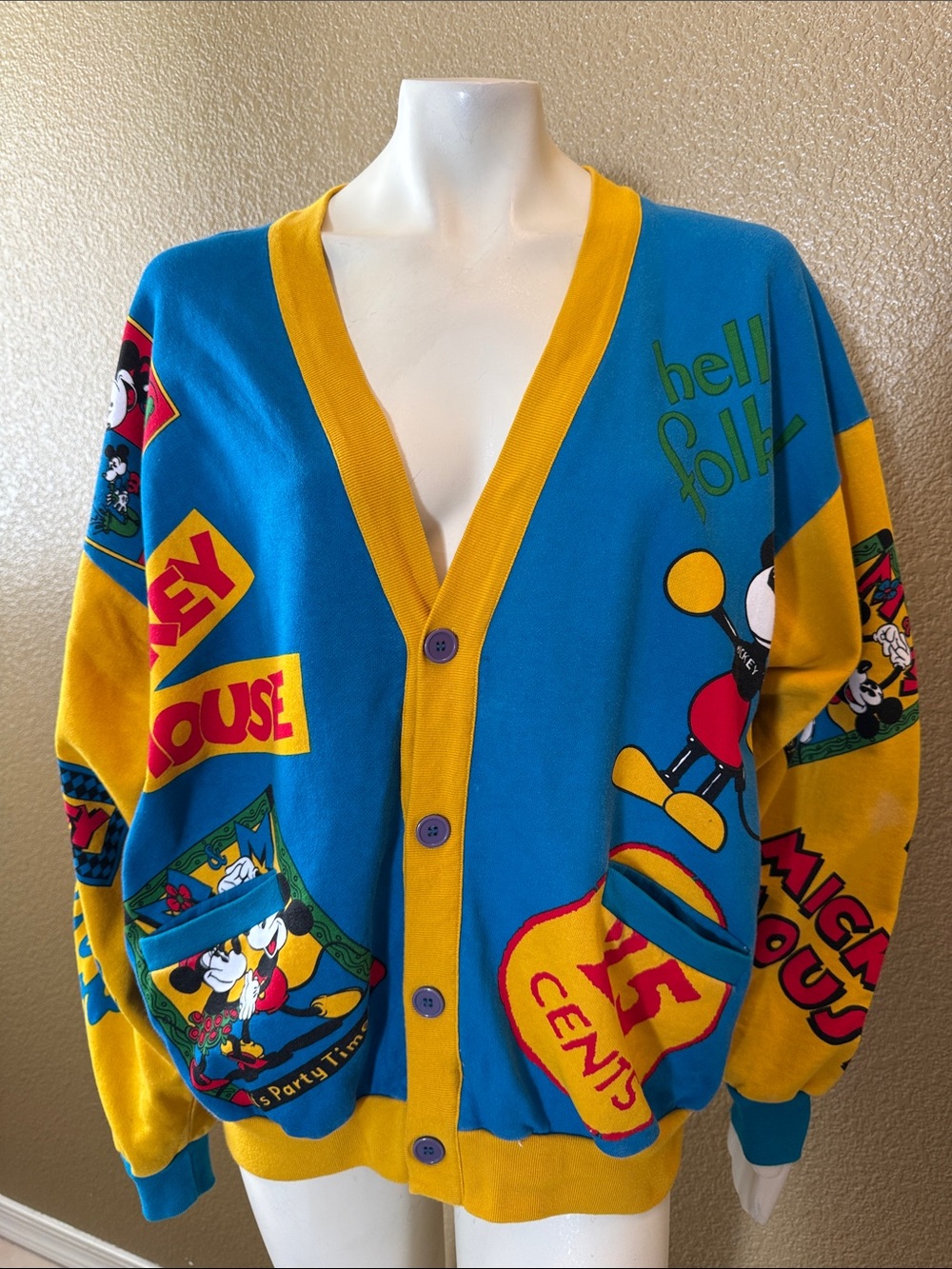 1980sVintage Unisex Mickey Mouse Graphic Cardigan Sweater 100% Cotton
